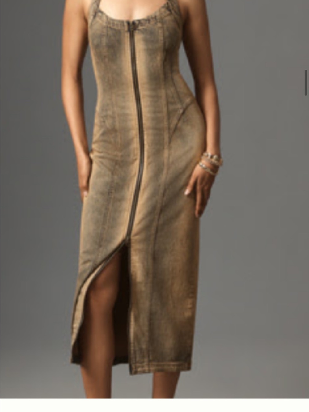 Anthropologie Distressed Brown Zip-Front Midi Dress